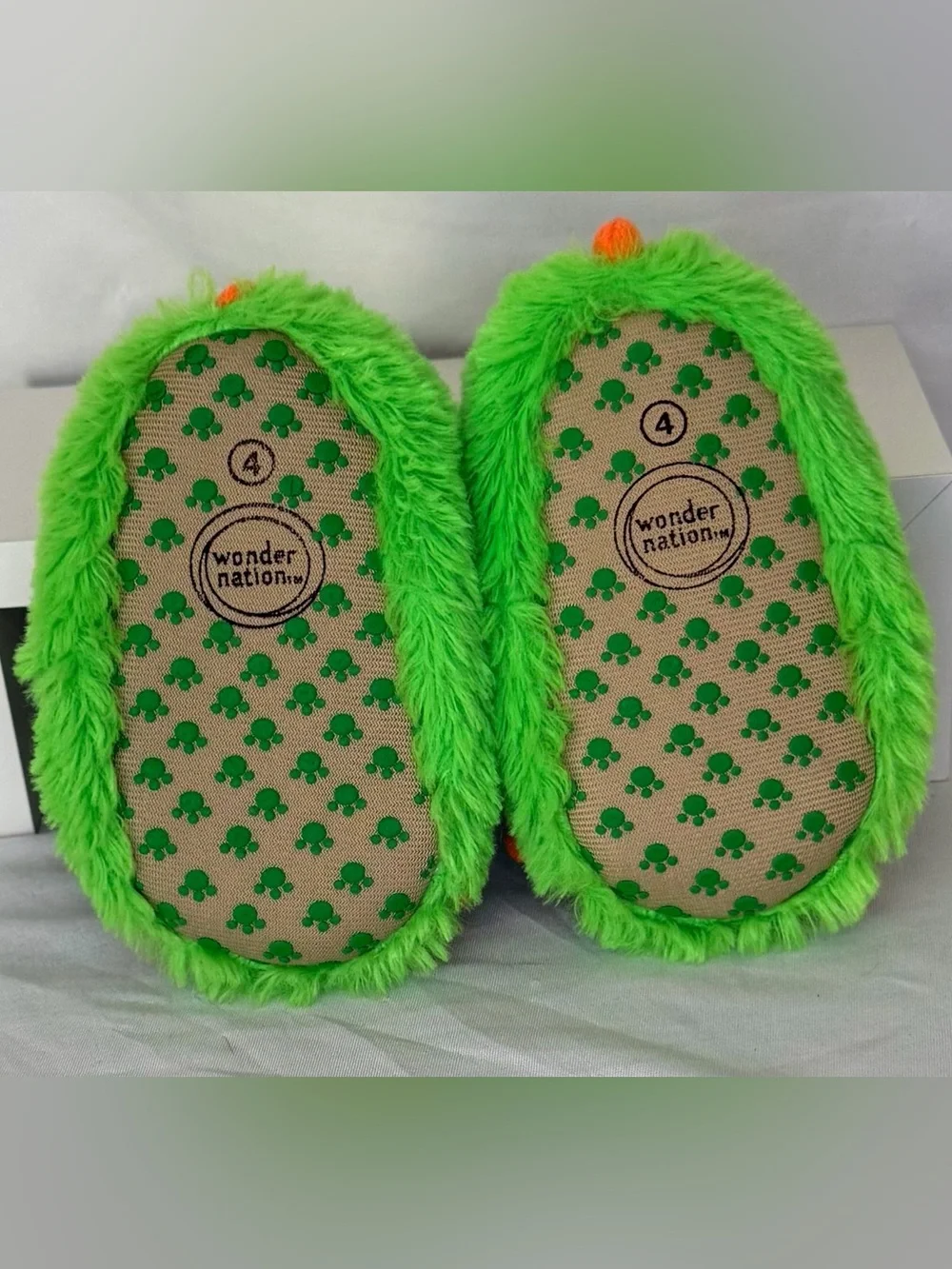 wonder nation Green Plush Monster Paw Slippers with Orange Toes